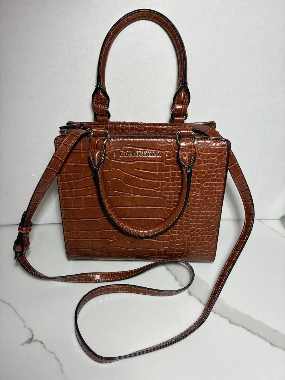 Dana Buchman Cognac Croc-Embossed Satchel with Removable Strap